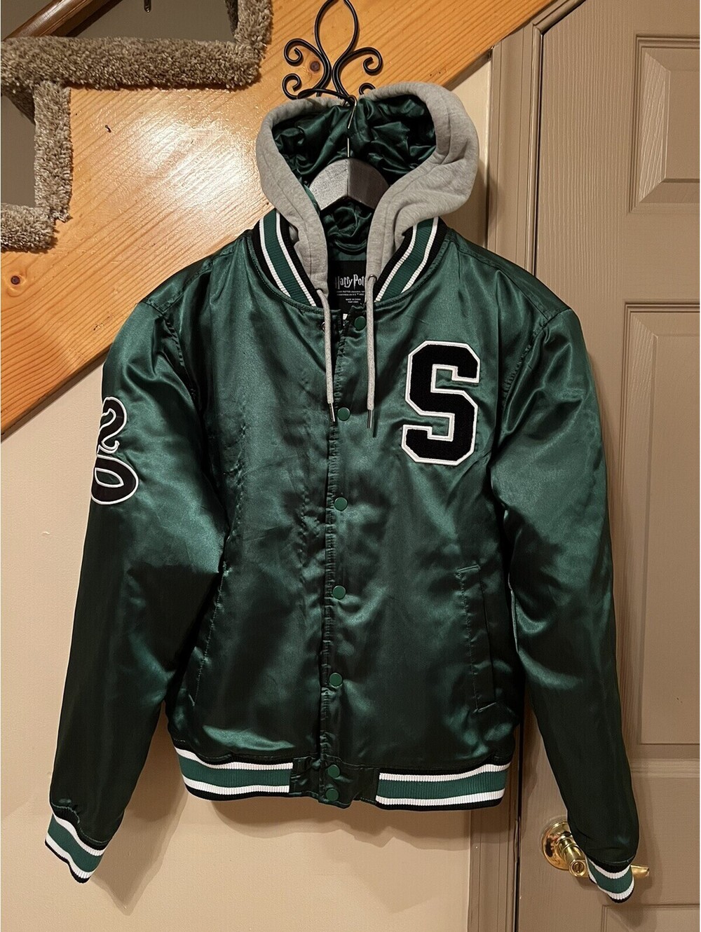 Harry Potter Slytherin Hogwarts Varsity Hooded Satin Jacket Small Green Snake